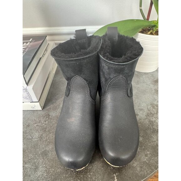 No. 6 Pull-on Shearling Wood Clog Boots on Mid Heel Black Suede Women's 38 - Picture 2 of 8